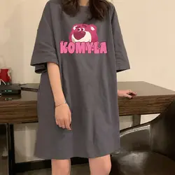 Kawaii Disney Lotso Nightdress for Women Cotton Cartoon New Short-Sleeved Loose and Versatile Dress That Can Be Worn Outside