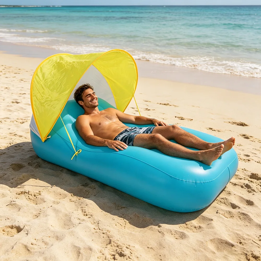 environmentally friendly PVC inflatable with sunshade deck chair outdoor swimming pool sunscreen floating bed folding water sofa