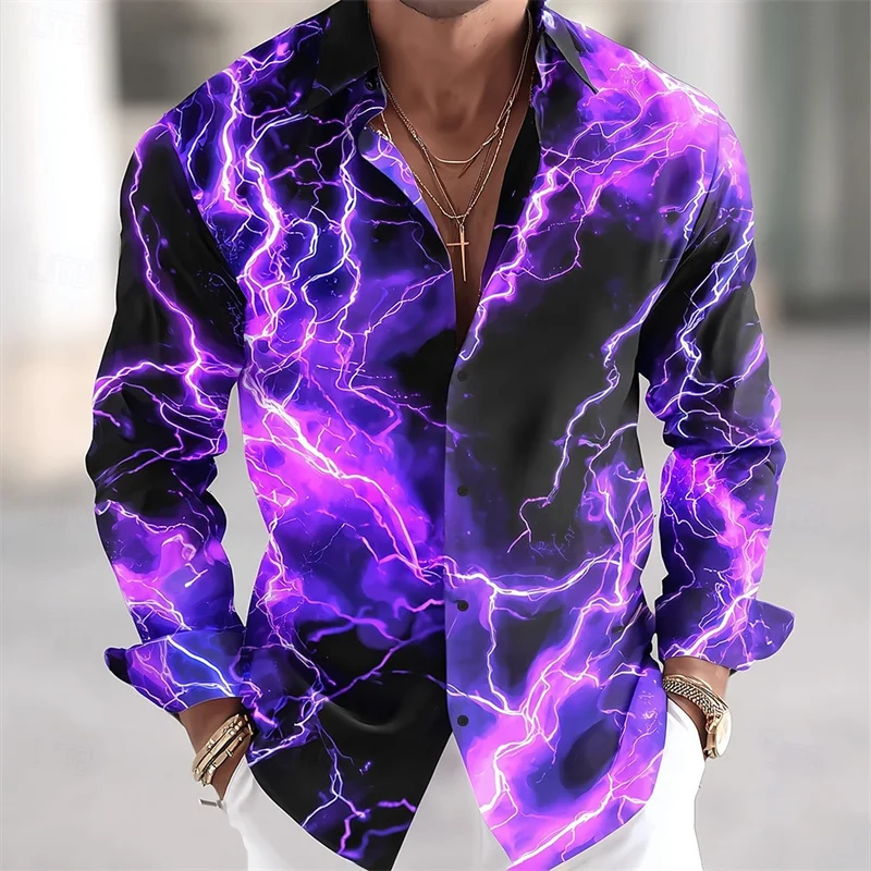 Mens Lightning Neon Shirt Button Down Long Sleeves Shirt Vacation Autumn Everyday Streetwear Summer Lapel 3D Printed Shirt