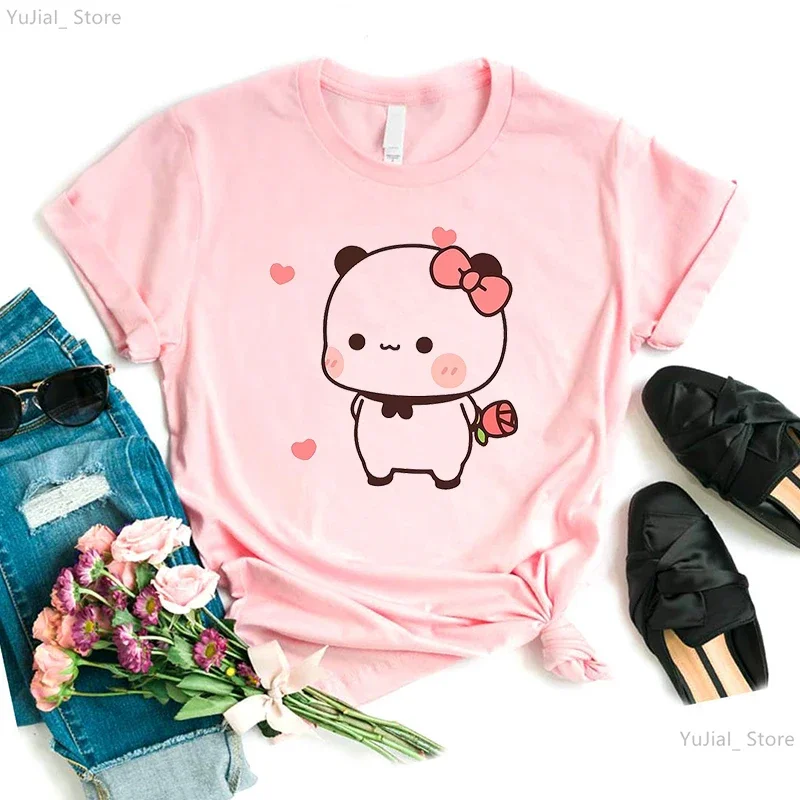 Kawaii Panda Bubu Dudu Cartoon Print T Shirt Girls Pink Bow Rose Love Tshirt Women Gray/Green/Yellow/Pink/Black/White T-Shirt