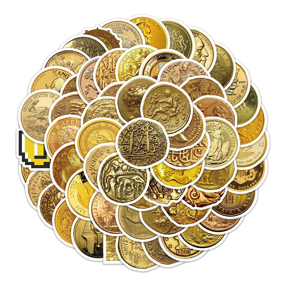 

10/60PCS Gold Cartoon Stickers Currency Collection Graffiti Funny DIY Decoration Fridge Laptop Car Bike Sticker Waterproof Toys