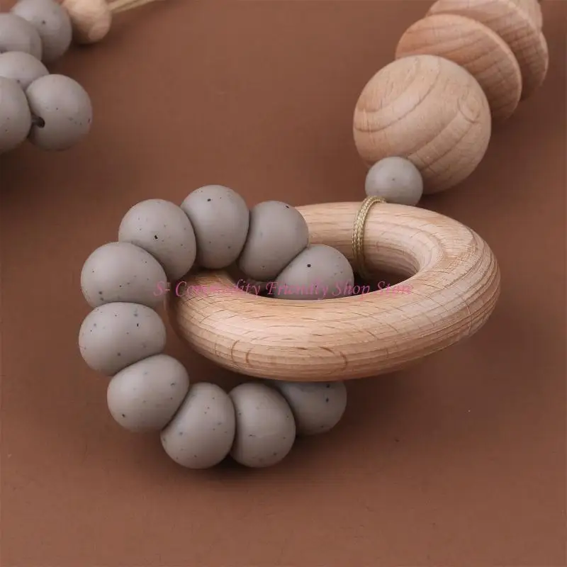 85AE Baby Gym Frame Pendant Stroller Rattle Wooden Ring Beads Teether Nursing Molar Teething Shower Gifts for Infants