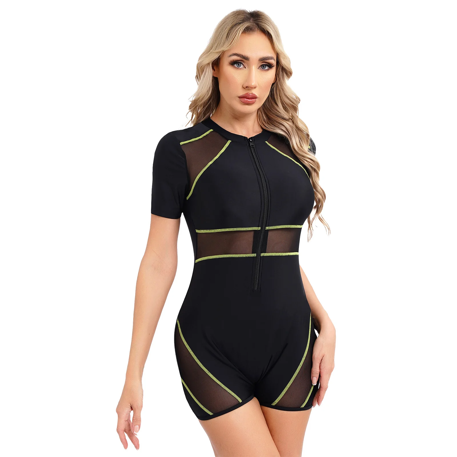 Women UPF 50 One-piece Athletic Swimsuit Short Sleeve Zipper Jumpsuit Swimwear Rash Guard Beach Pool Surfing Bathing Wetsuit