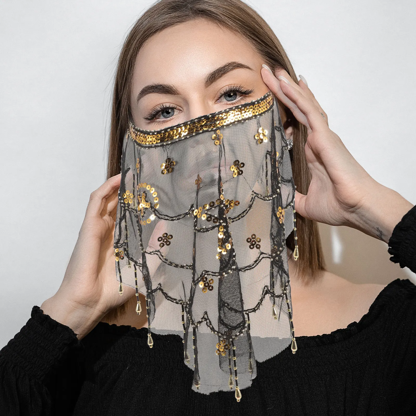 

Elegant Belly Dance Veil Premium Mesh Fabric Gold Beading Hand Sewn Flower Pattern Stage Performance Party Accessory Mask