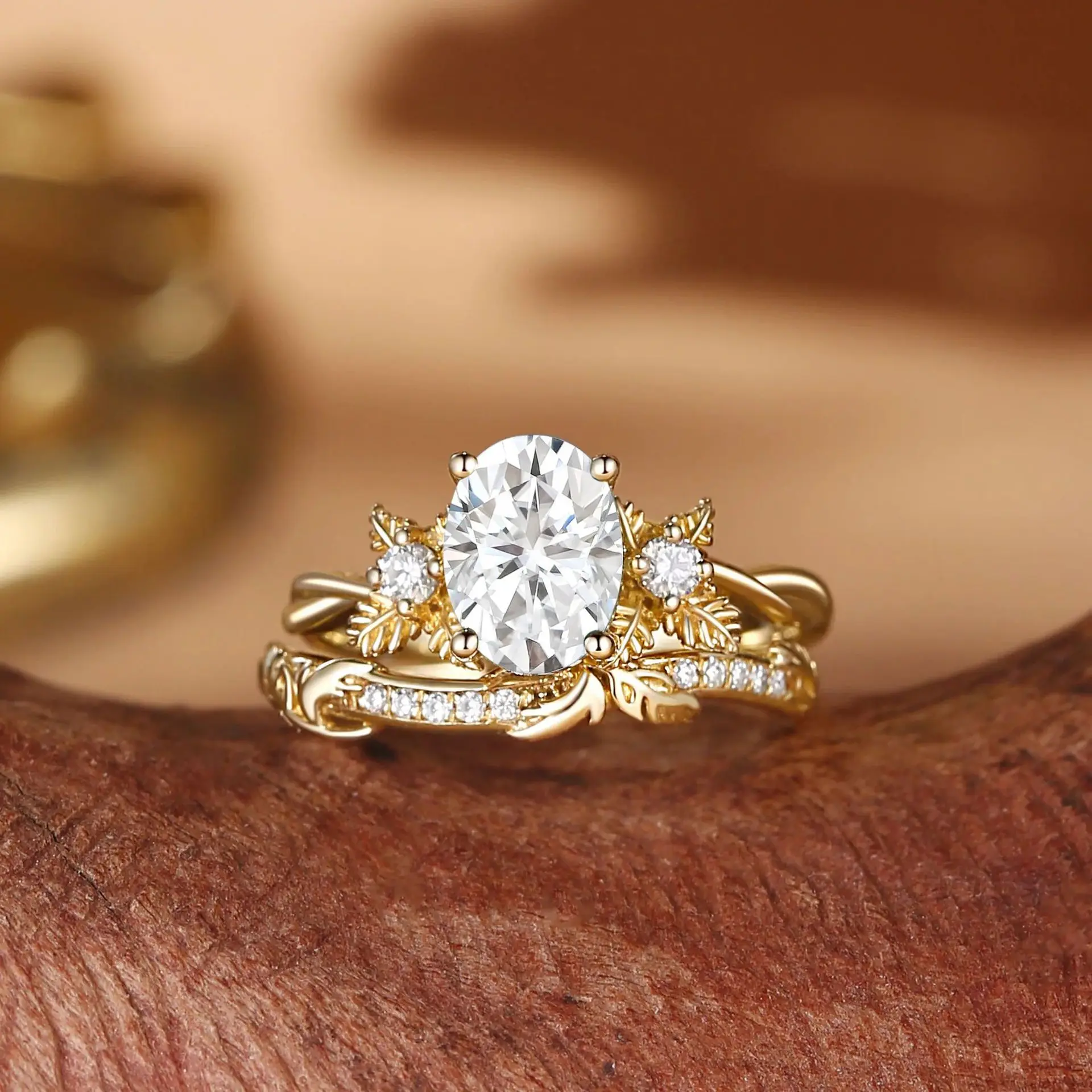 Veeie Veein Jewelry Ins Light Luxury 1.5 Carat Oval Flower Branch Series Wedding Ring S925 Sterling Silver Gold Plated Ring With