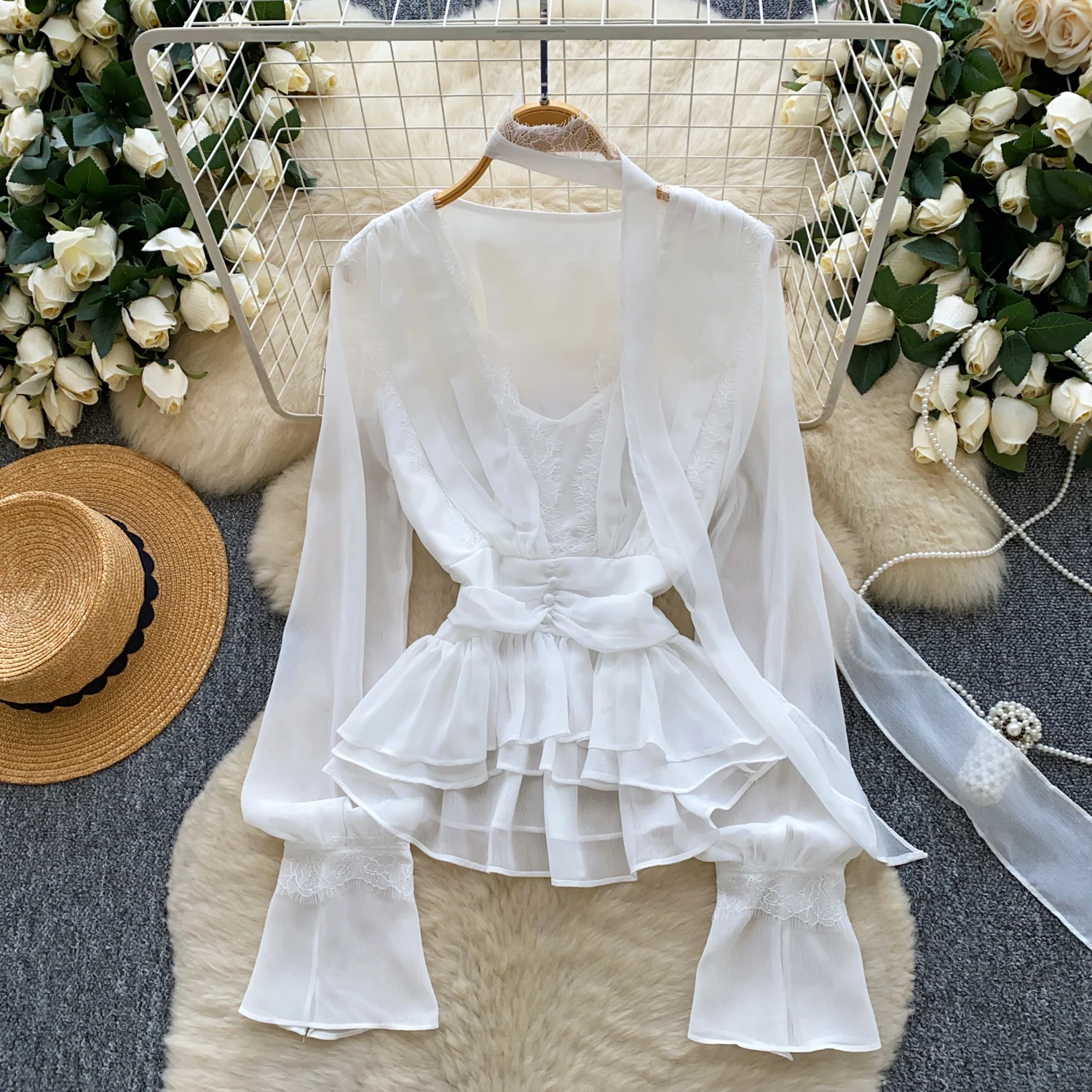 

Элегантный сексуальный шифоновый кружевной топ с рюшами и длинными рукавами, женский корейский модный осенний уличный топ