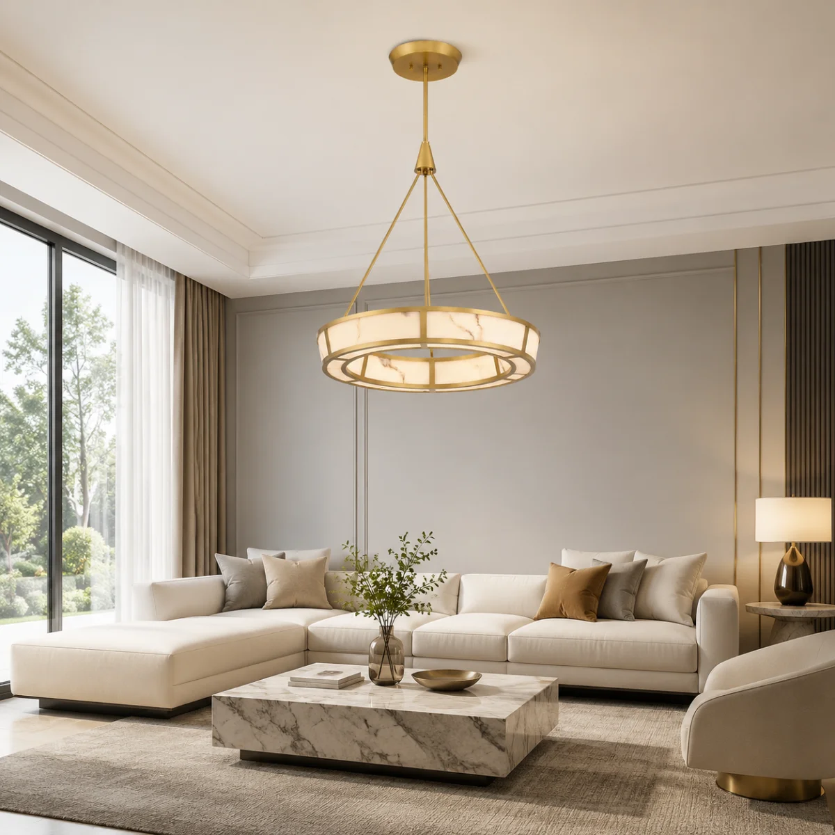 Modern Luxury 2026 Spanish Alabaster Ring Chandelier Brushed Brass Metal Frame Pendant Light for Dining Room Villa Decor