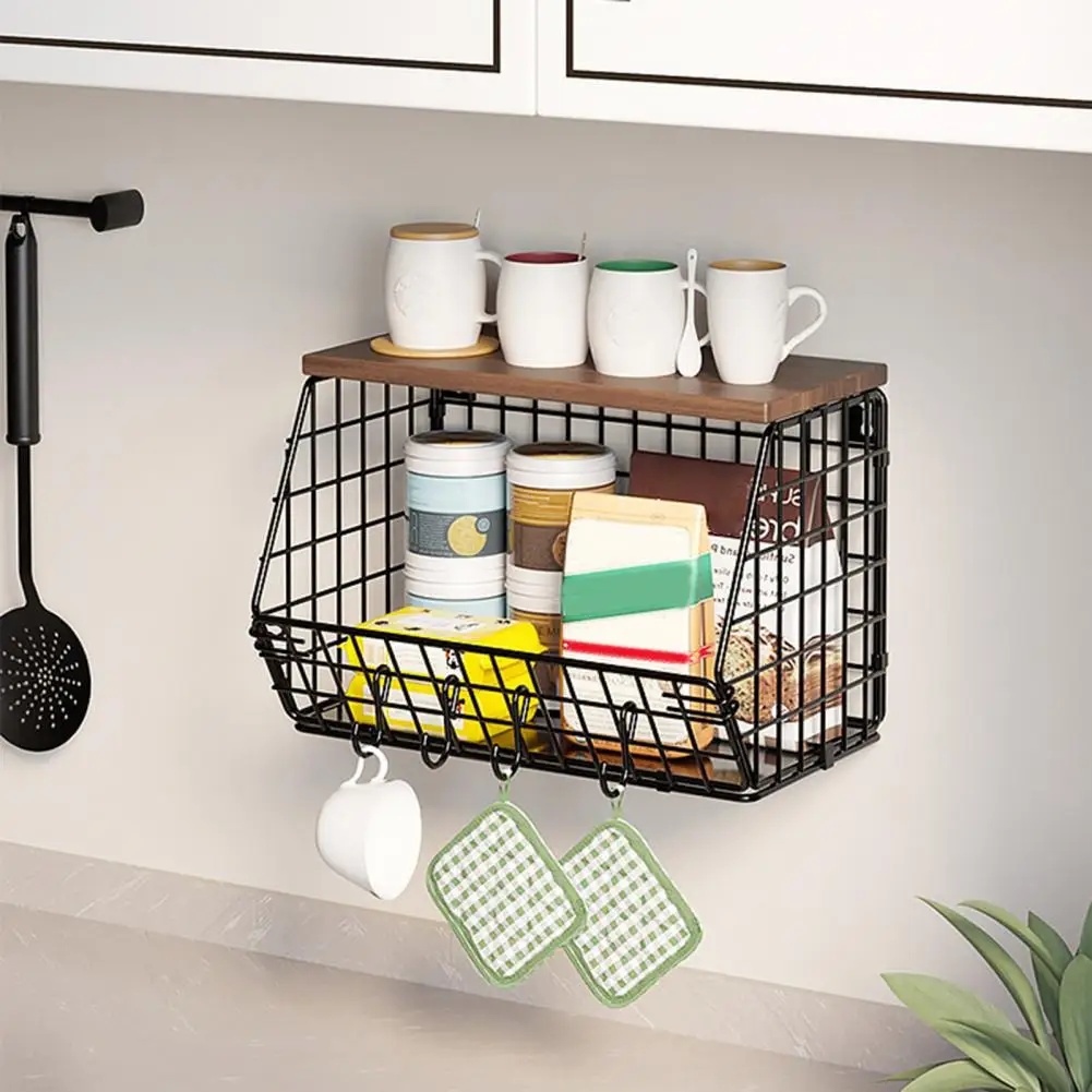 1 Set Vegetable Storage Basket Fruit Storage Basket Metal Wall-mounted Fruit Vegetable Organizer with Hooks Foldable for Spices