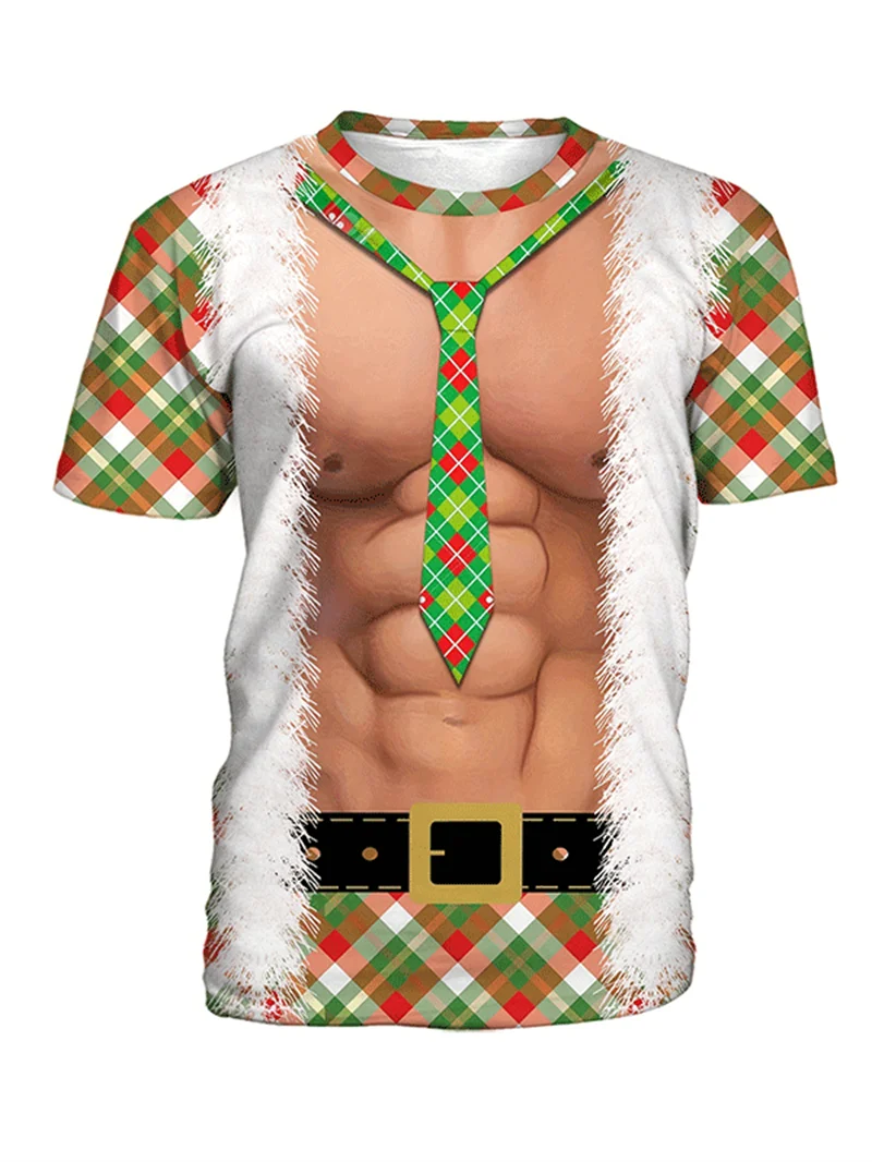 Lustiges Herren-Weihnachts-T-Shirt mit 3D-Muskel-Print, Weihnachtsmann-Anzug, Neuartiges Weihnachts-Party-Kurzarm-T-Shirt mit Rundhalsausschnitt, Verschiedene Stile – Detail 5