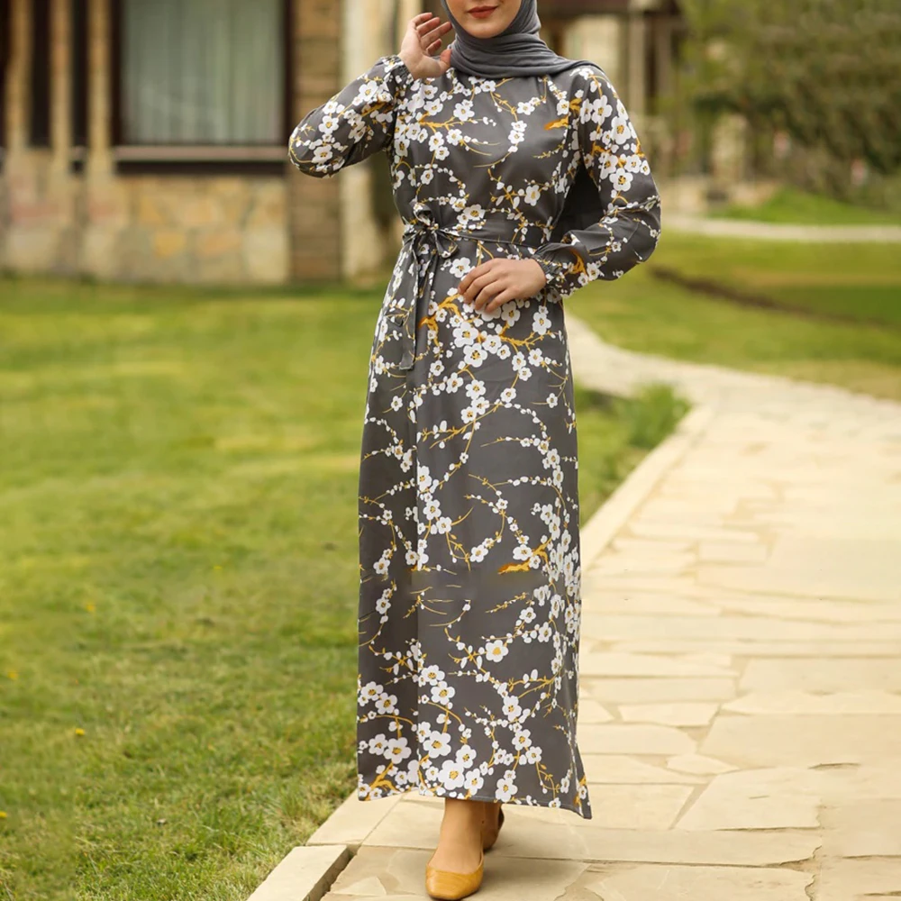 

Floral Printed Modest Muslim Maxi Dresses O-neck Femme Robe Long Sleeve Full Cover Arabic Dress Abayas For Women 2022 New Design