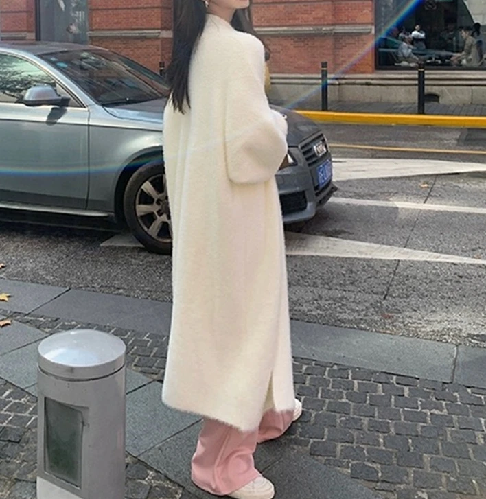 Women's Knitted Jacket 2024 Autumn Fashion New Mink Fleece Cardigan Loose Large Thick Medium To Long Lazy Style Knitted Jacket image 3
