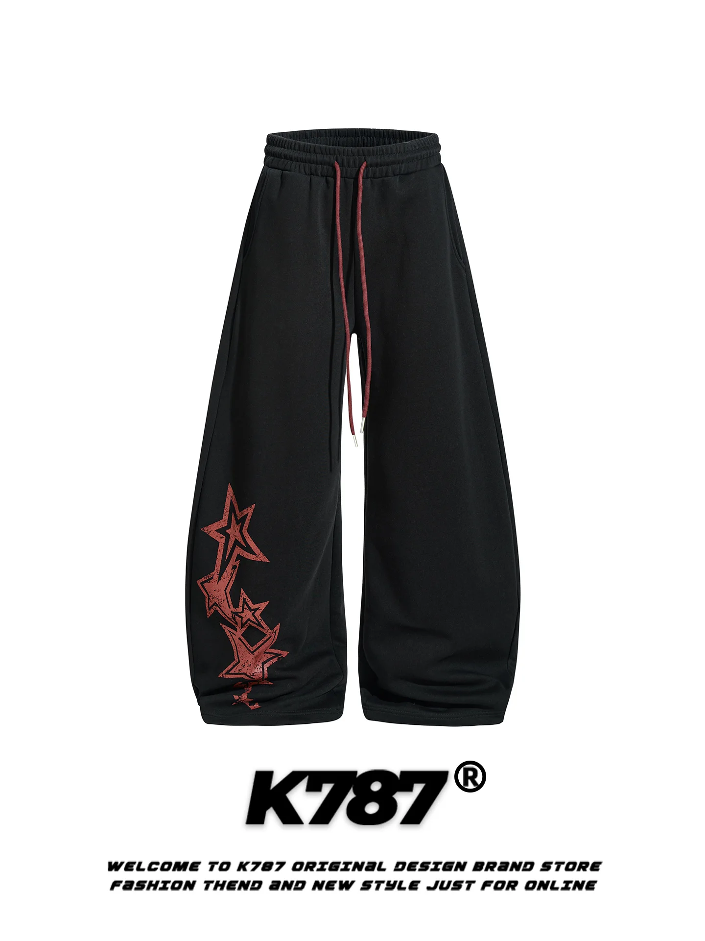 

K787 American Retro Star Print Wide Leg Pants Loose Casual Dance Sport Dstring Street Sle Men Women High Waist Cotton Po...