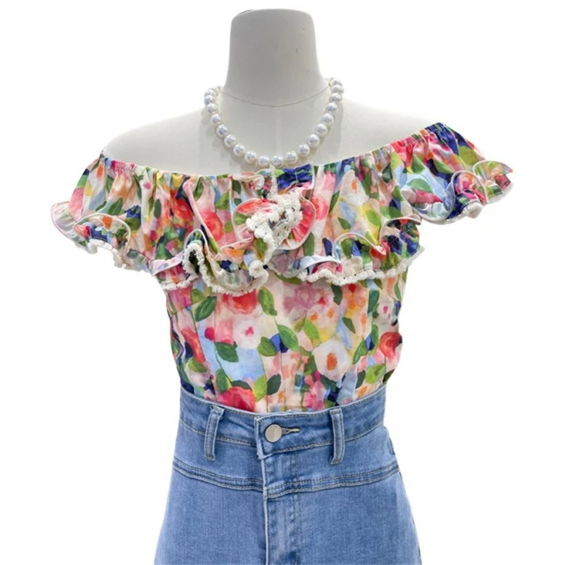 Women Elegant Off Shoulder Print Blouse Summer Hot Sweet Slim Shirt Lace Patchwork Ruffles Chic Crop Top Streetwear Tunic Tops