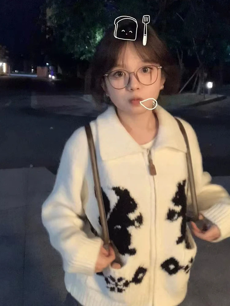 French Knitted Cardigan Women Oversized Kawaii Anime Print Coat Sweater Long Sleeve Korean Streetwear Mori Girl Autumn Winter