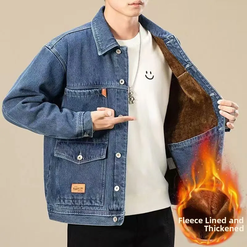 Men's Fleece Lined Thickened Denim Jacket Autumn Winter Workwear Multi Pocket Durable Stain Resistant Casual Outerwear
