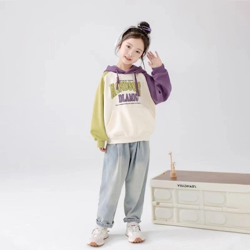 2026 New Girls Spring Hoodie Korean Loose Color Block Sweatshirt Casual Kids Outerwear Tops Clothes