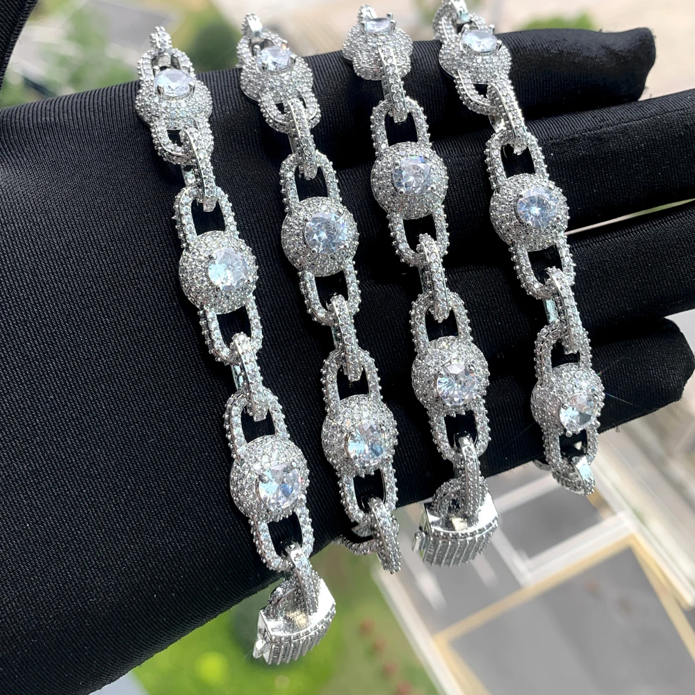 Iced Out Bling Cz Bead Locked Link Chain Necklace Micro Paved Cubic Zirconia Hip Hop Jewelry