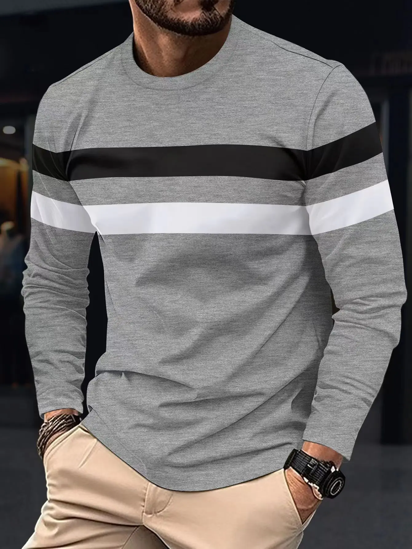 2024 Spring and Autumn New Men\'s Casual Round Neck Long Sleeve T-shirt Color Blocked Fashion Sports Base Shirt Thin Top