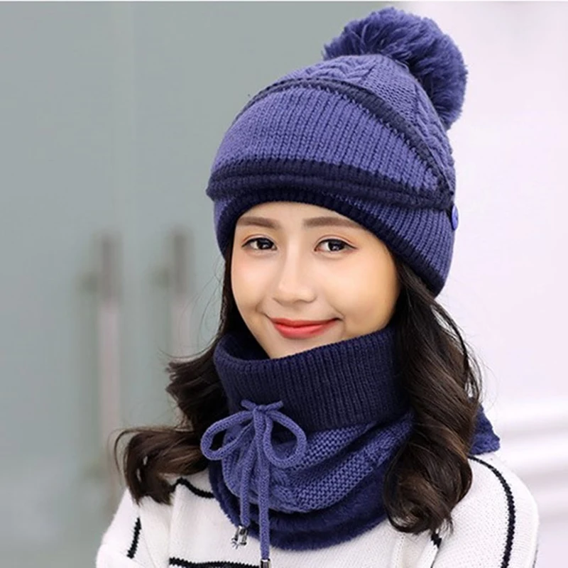 Knitted Scarf Hat Set Warm Women\'s Winter Outdoor Cycling Sports Ear Protection Hat Scarf No brim Pullover Hat