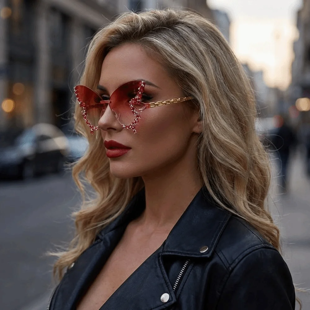 Tint Color Butterfly Sunglasses Rimless Frame Flash Style Cat Eye Sunglasses UV Protection Rhinestones Sunglasses for Women