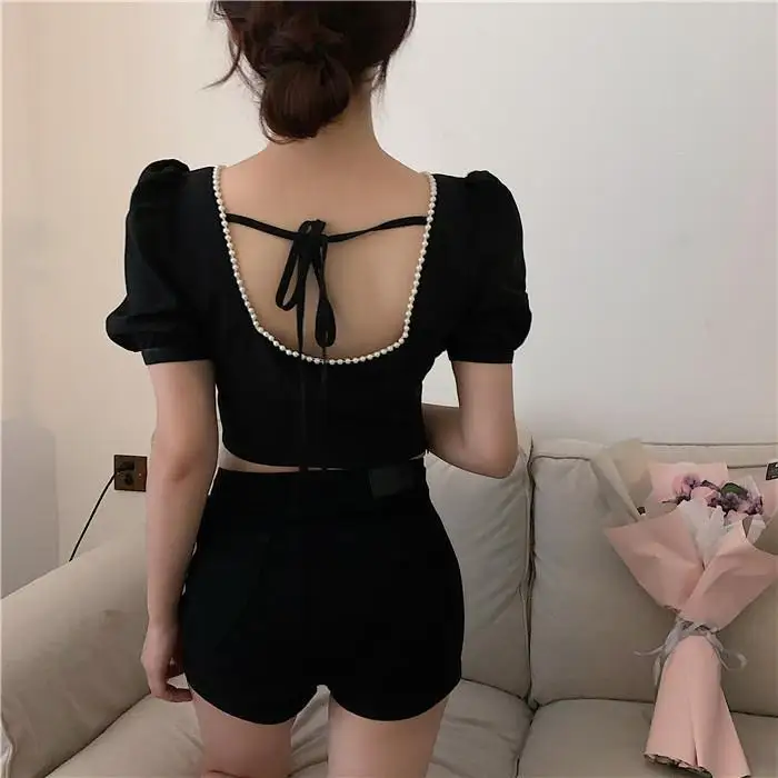 

Korejpaa French Style T Shirt Women Summer Square Collar Ladies Tops Elegant Retro Shirt Thin Korean Fashion Strap Ropa De Mujer