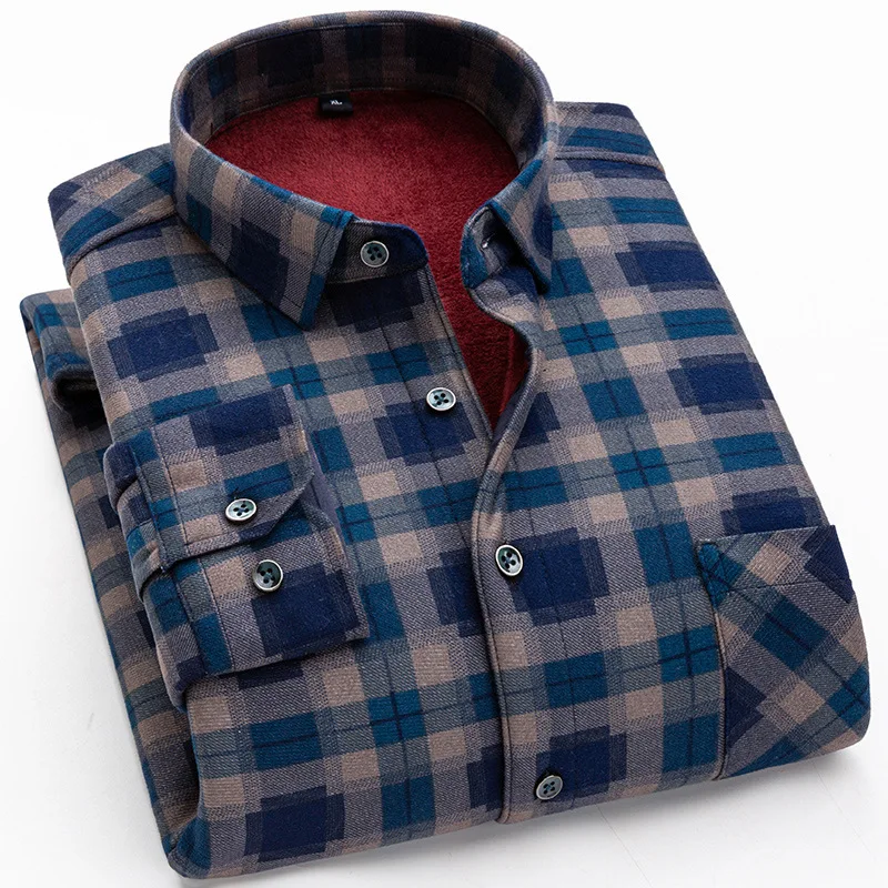 5XL plus size men's winter warm shirt plus velvet padded plaid cashmere cardigan with double-sided cashmere shirt.