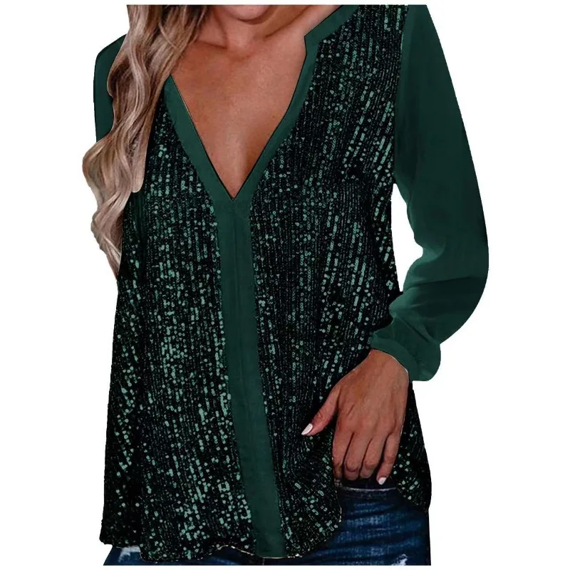 Fashion V-neck Sexy Sequins Shirts Women Long Sleeve Tops Party Shiny Blouse Pullover Loose Spring Summer Tops Mujer New
