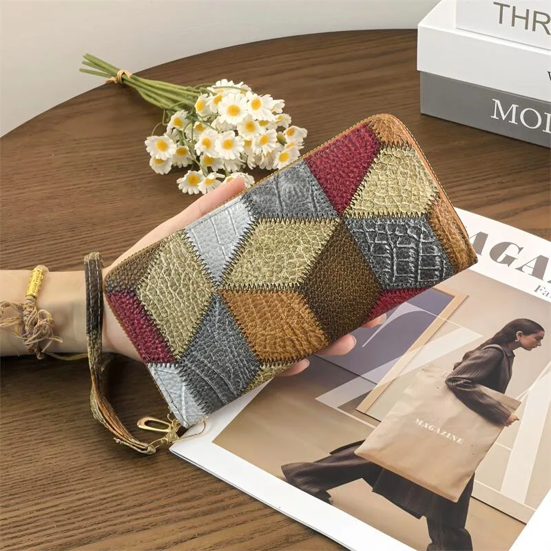 

Women's Long Wallet with Zipper Leather Patchwork Tassel Wallet Large Capacity Student Money Clip Phone Pouch Mini Coin Purse