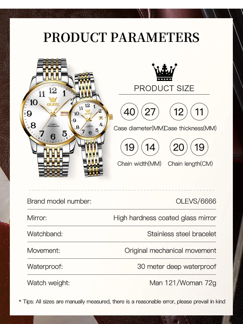 OLEVS Original Couple Watches Classic Digital Scale Calendar Luxury Top Brand Watch Men Women Automatic Mechanical Wristwatch