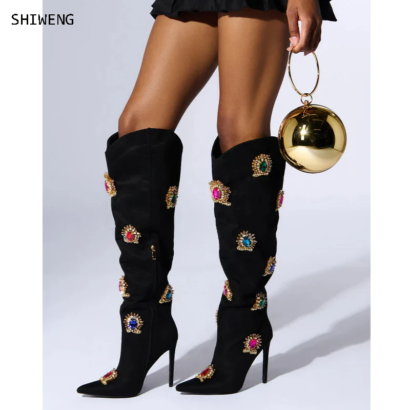 

2025 Sexy Knee High Black Flock Crystal Decor Boots Stilettos High Heel Women Shoes Side Zipper Pointed Toe Zapatos Para Mujere