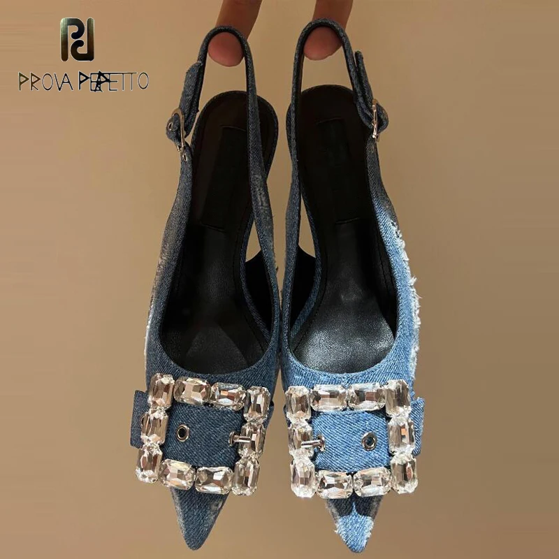 

Baroque Court Style Ladies Denim High Heel Sandal Shoes Rhinestone Buckle Pointed Toe Back Strap Sexy Party Shoes Dress Sapatos