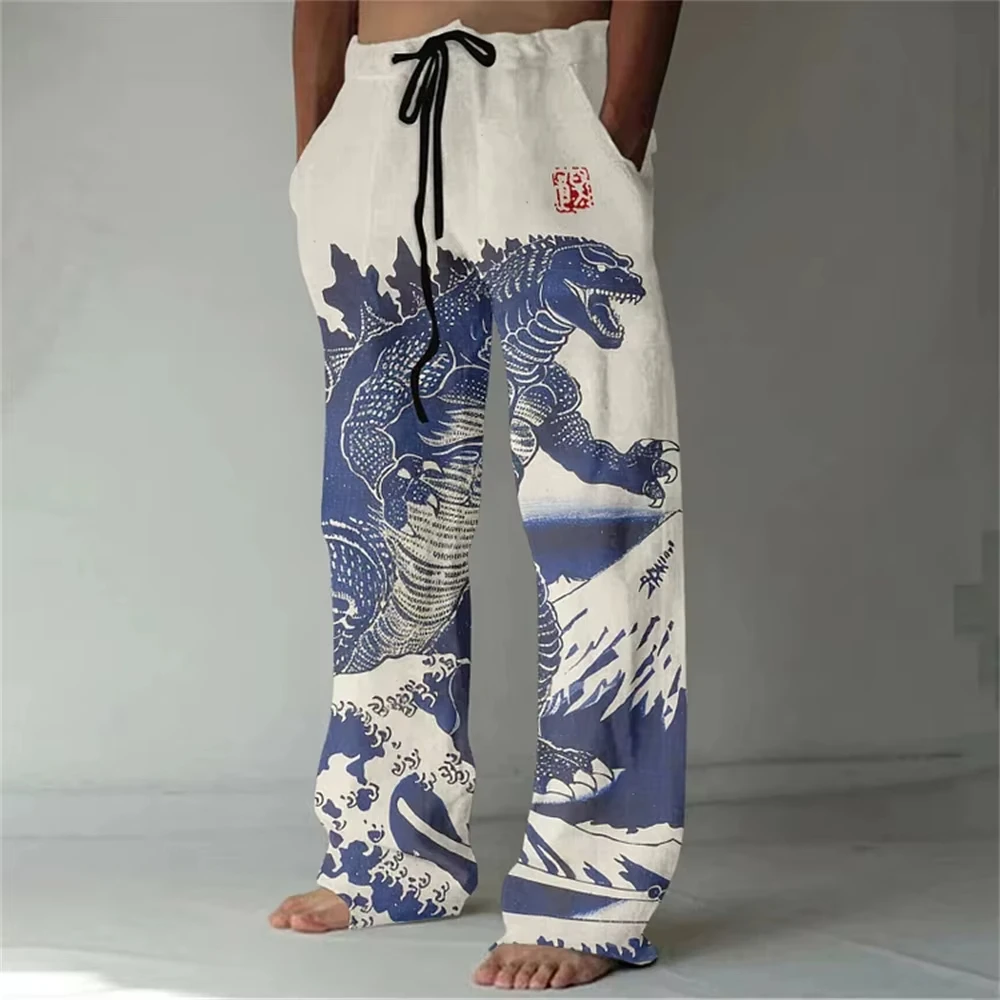 Japanese Linen Blended Men's Pants with Roaring Monster Cat Art Print, Loose Casual Pocket Trousers for Street Style
