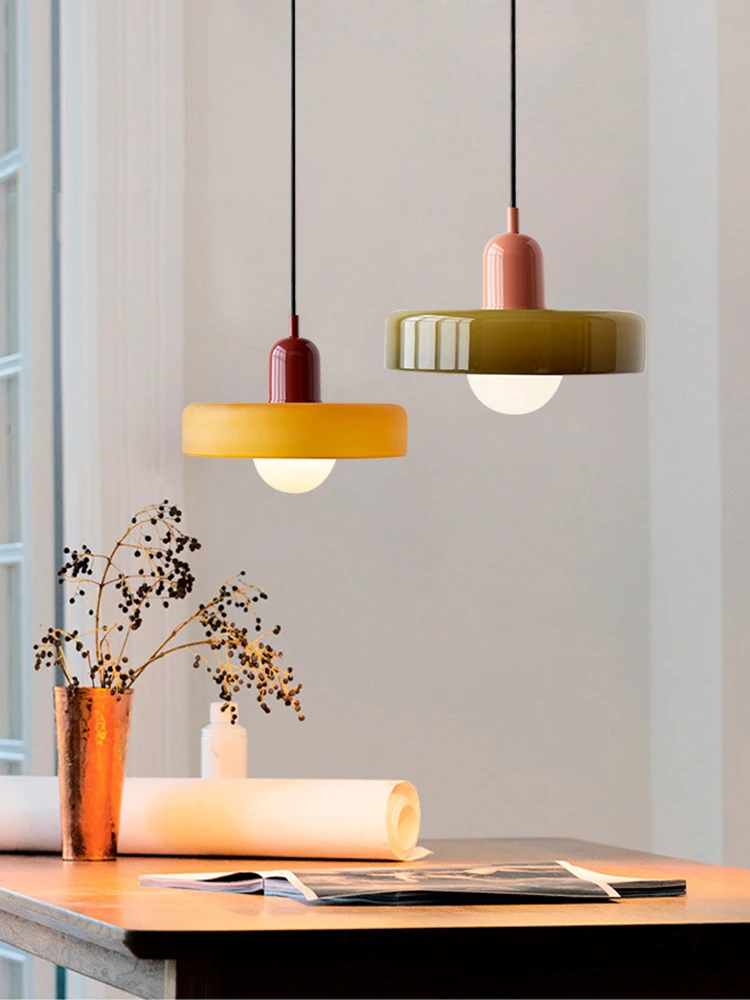 

Nordic Modern Macaron Restaurant Pendant Lamp Dinning Room Kitchen Bar Table Bedside Medieval Colorful Glass Hanging Light