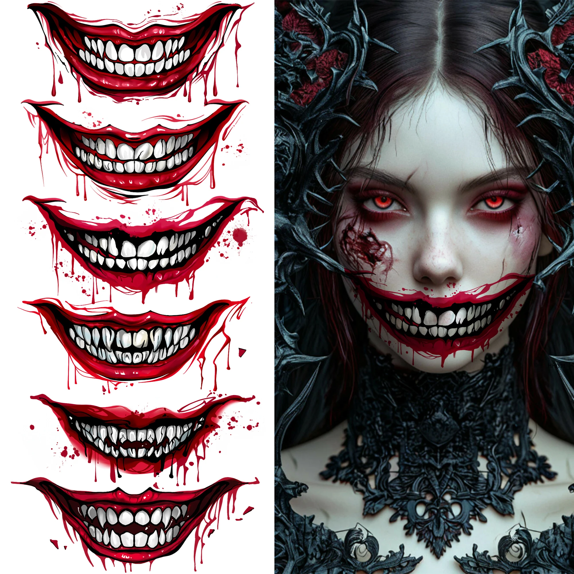 6 Sheets Halloween Scary Clown Bloody Mouth Temporary Tattoo, Horror Face Fake Tattoo Stickers Waterproof Long Lasting Realistic