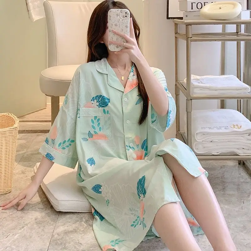 Poplin Pajamas Women\'s Summer Thin Artificial Cotton Nightdress Simple Printed Large Size Homewear Casual Fashion Sleepwear 2024