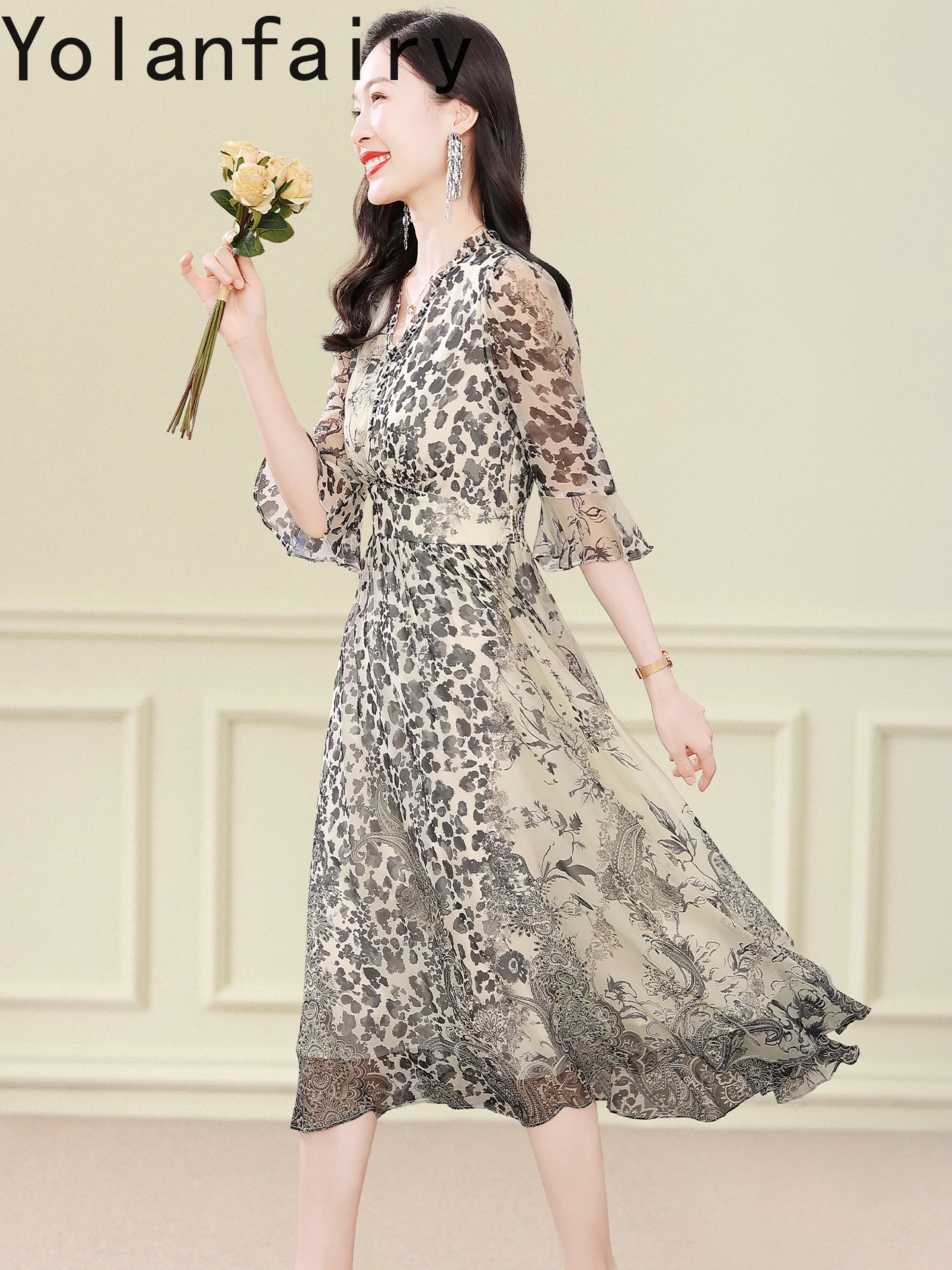 YOLANFAIRY جودة عالية 100% التوت فستان حريري صيف 2025 امرأة الراقية خمر ليوبارد طباعة فساتين الخامس الرقبة فستان التخسيس