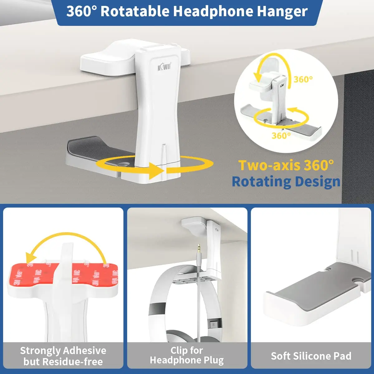 KIWIFOTOS 360° Rotating Headphone Stand Desktop Headset Holder PC Gaming Headset Desk Hanger Hook For Earphone Controller