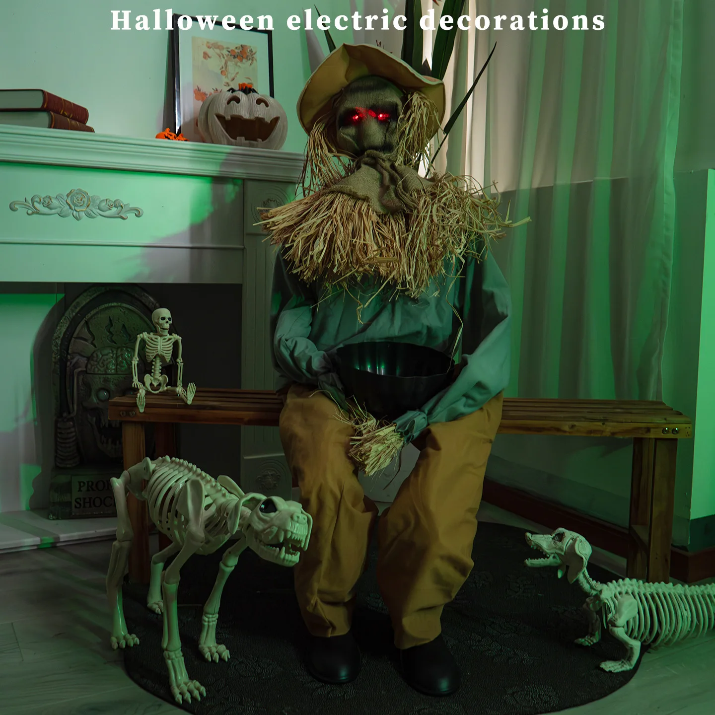 Halloween new scarecrow ornament with bowl electric induction horror decoration prop