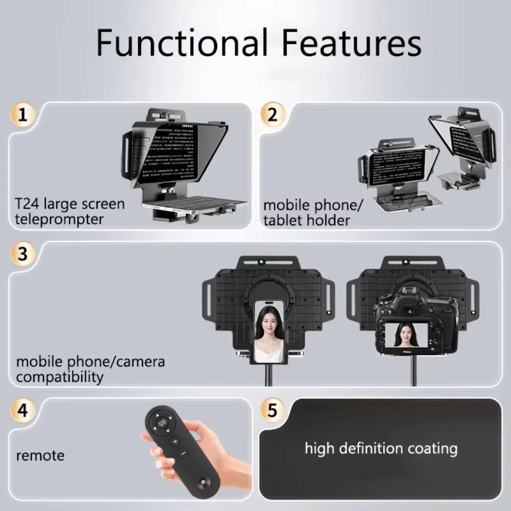 Portable T24 Teleprompter Wide Screen Dual Hot Shoe For Phone Tablet Tripod Light Stand Live Streaming Video Shoot And Recording - view 5