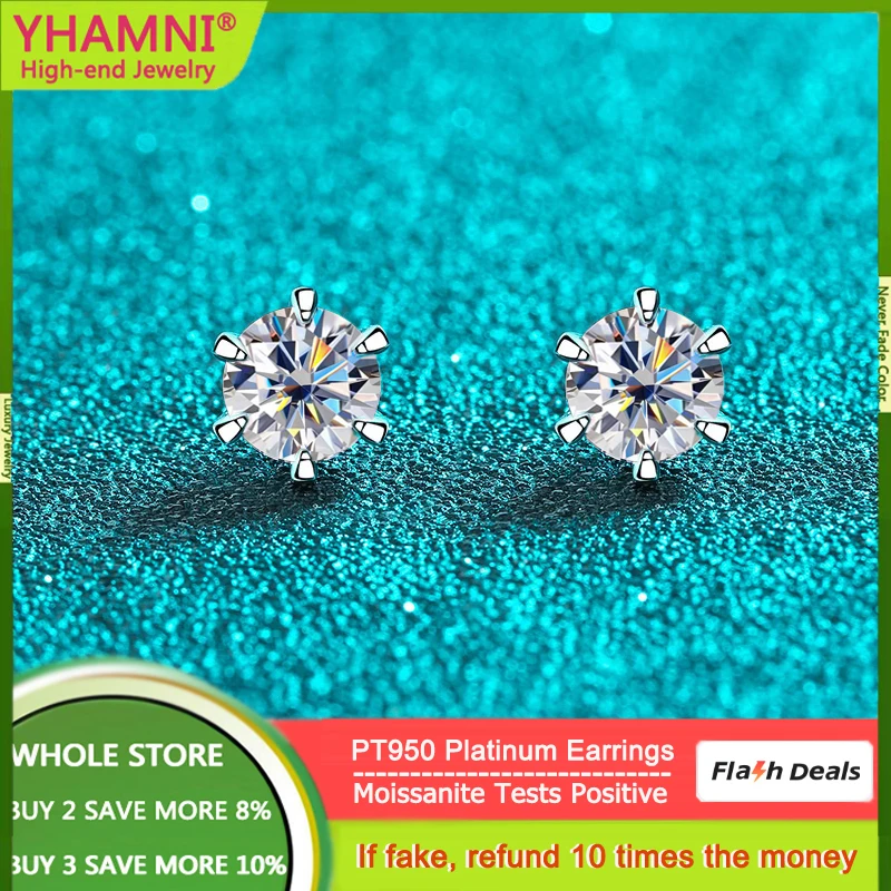 

YHAMNI Test Passed Moissanite Stud Earrings for Men Women Luxury PT950 Platinum Bride Wedding Diamond Earrings GRA Certified