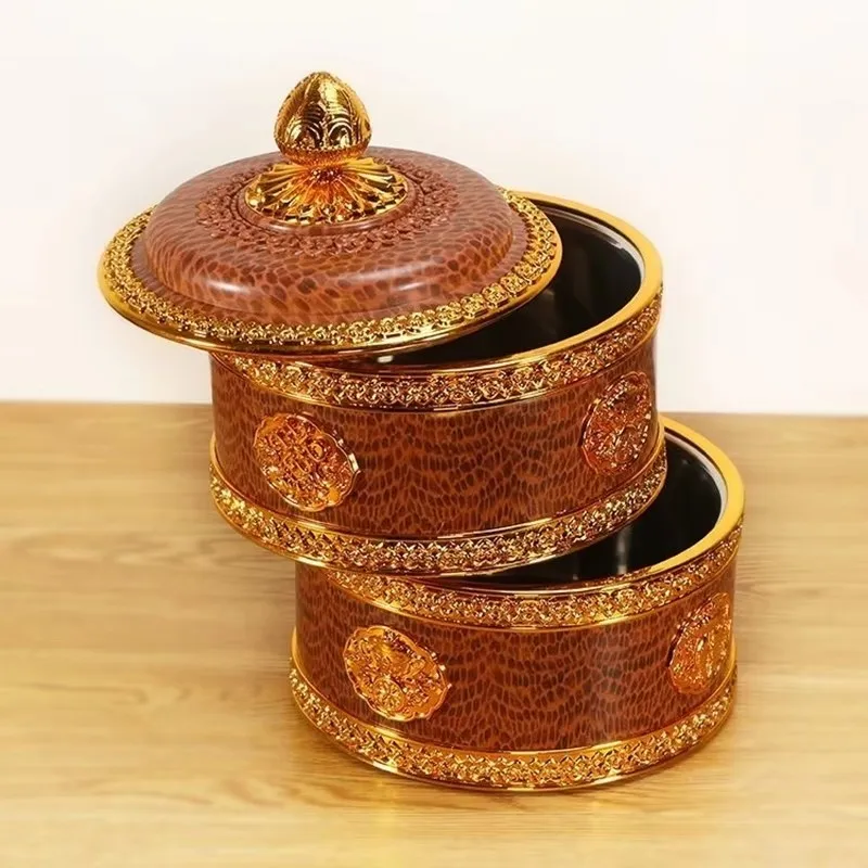 Tibetan Brown Resin Double Layer Jar Food Organizer Tantric Metals Handicraft Buddhist Storage Box Home Desktop Gift Decorative