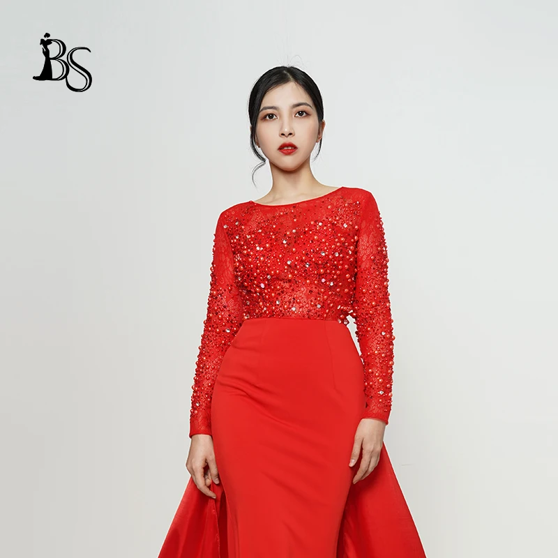 Baisha-vestido de noche rojo personalizado para mujer, conjunto de 2 piezas con cinta trasera desmontable, falda larga con cuentas de lujo, 160304