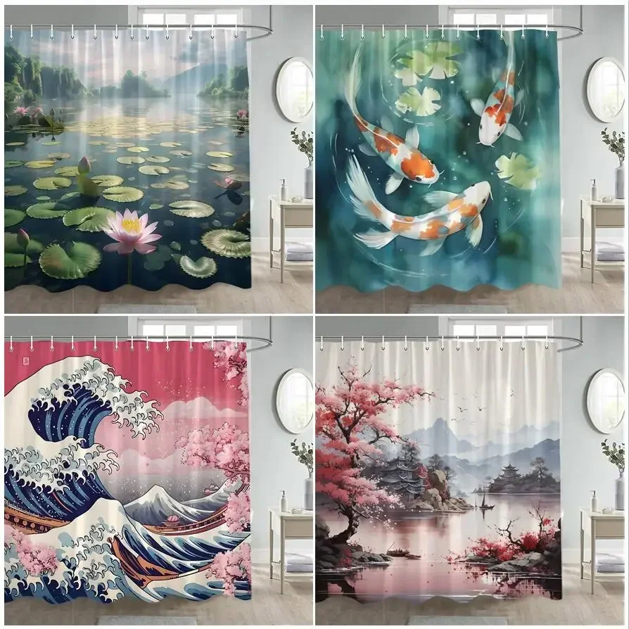 Japanische Landschaft Duschvorhänge Kirschblüte Koi Fisch Lotus Abstrakte Berg Meer Wellen Polyester Badezimmer Dekor mit Haken