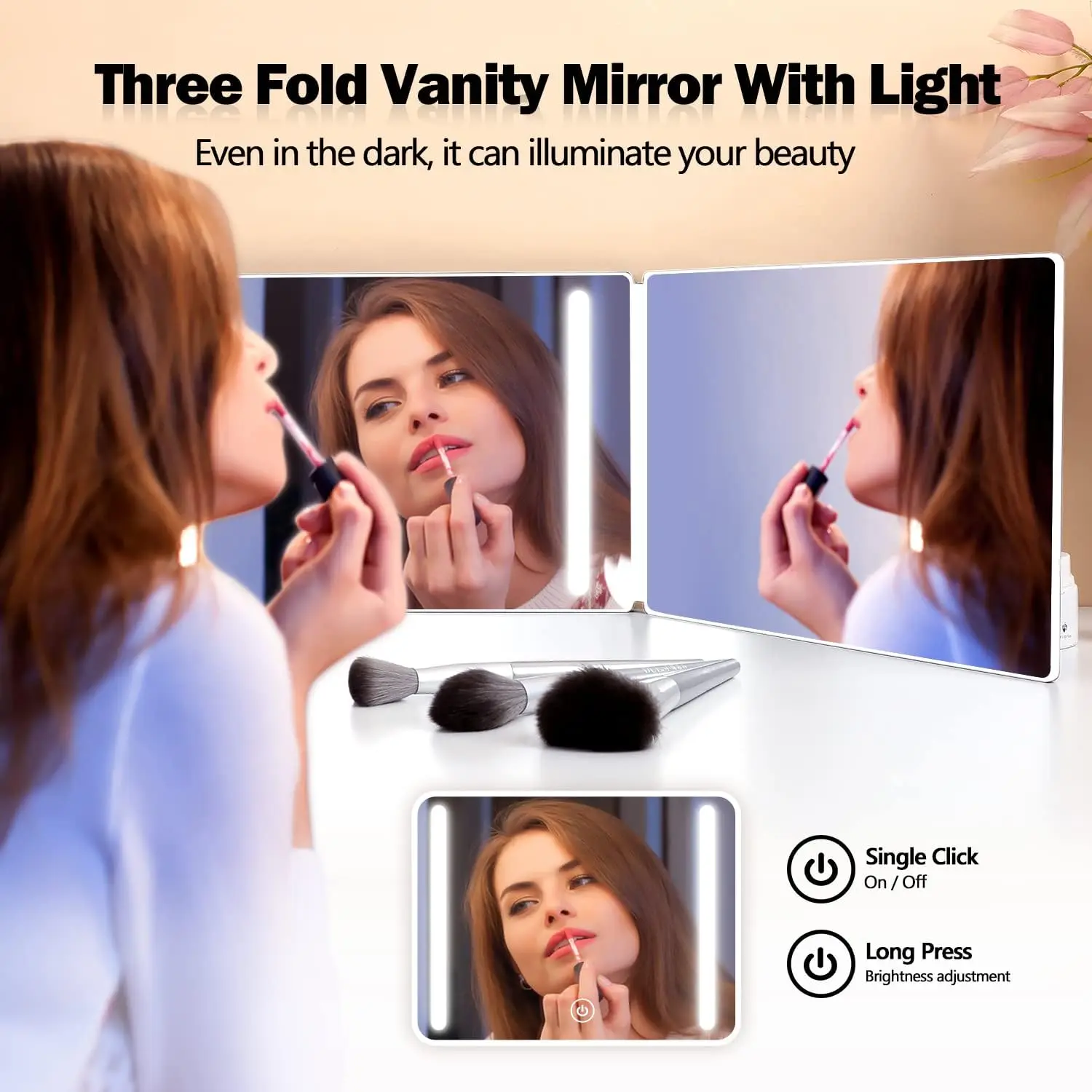 LED 3 Way Compact Cosmetic Mirror with 10X Magnification for Self Hair Cutting Trifold Vanity Makeup Mirror with Light and Hooks