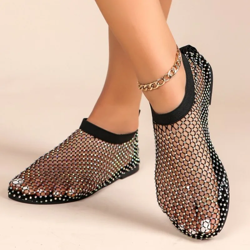

Women Fashion Sparkling Rhinestone Mesh Fishnet Flat Sandals Breathable Summer Party Luxury Hollow Out Walking Shoe Ladies Women