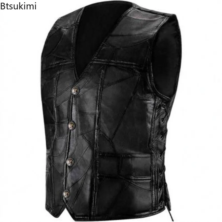 Men's Sheepskin Splicing Fashion Leather Biker Vests Faux Leather Motorcycle Rider Waistcoat V-Neck Sleeveless Windproof Jakcet