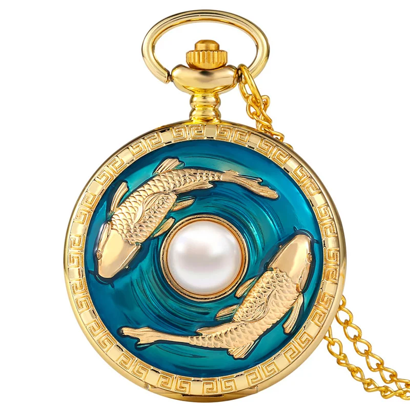 Retro Golden Double Fish Pocket Watch Carp Pattern with Pearl Analog Quartz Watches Necklace Chain for Men Women Collector Gift
