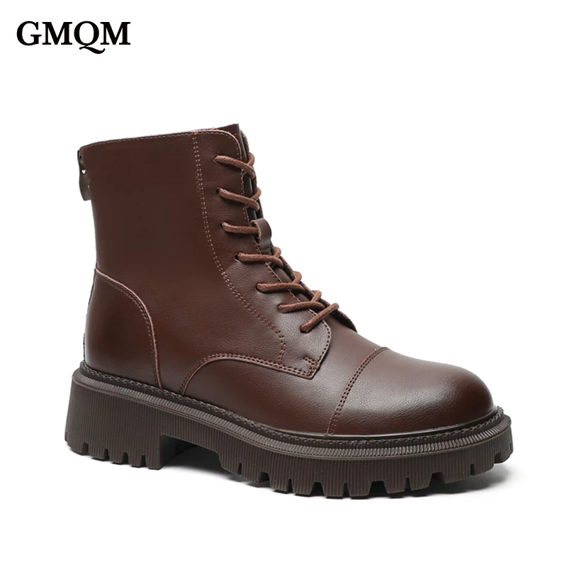 GMQM Brand New 2022 Autumn Fashion Women\'s Ankle Boots Platform Genuine Leather Shoes Round Toe Walk Lace-Up Boots Office Lady