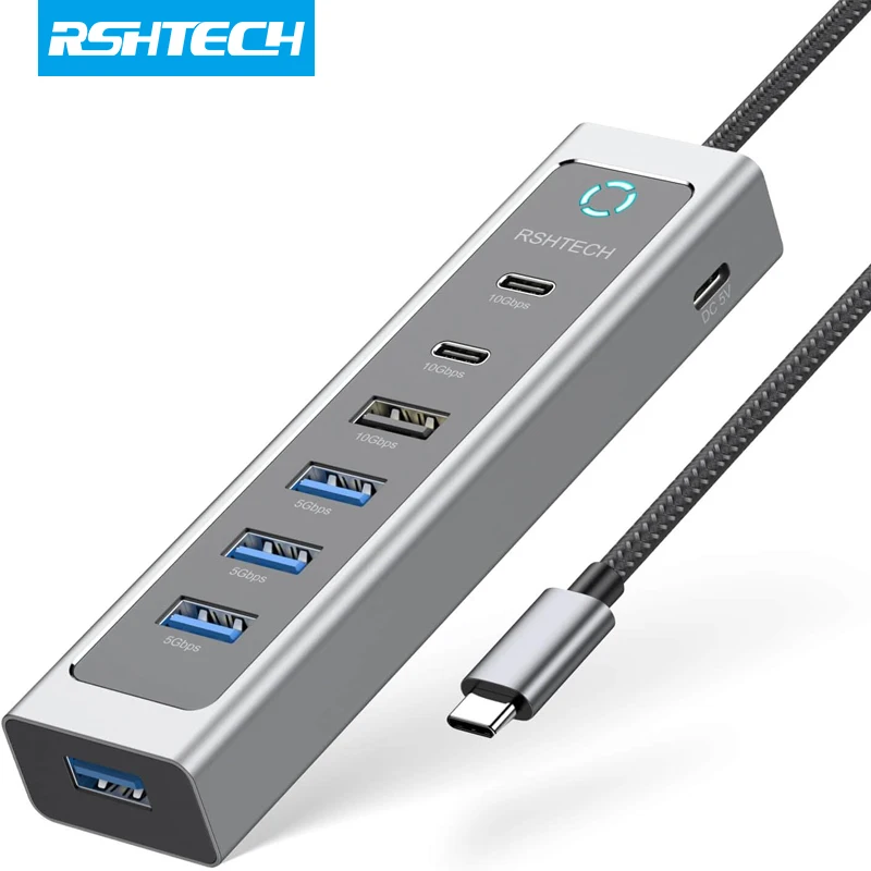 hub usb rshtech de 10 gbps com usb a e portas de dados usb c 32 e portas usb a 30 adaptador multiport de aluminio para laptop 01