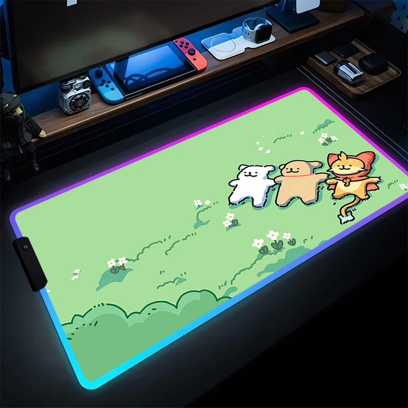 LED Mouse Pad Anime Gaming Accessories Carpet Gamer RGB PC Computer Cute Keyboard Pad Cartoon Line Dog Desk Mat Kawaii Mousepad